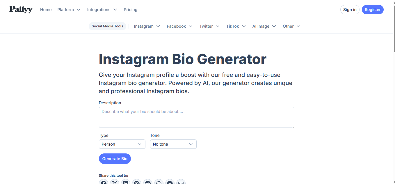 Pally - penjana bios comel Instagram yang mesra pengguna