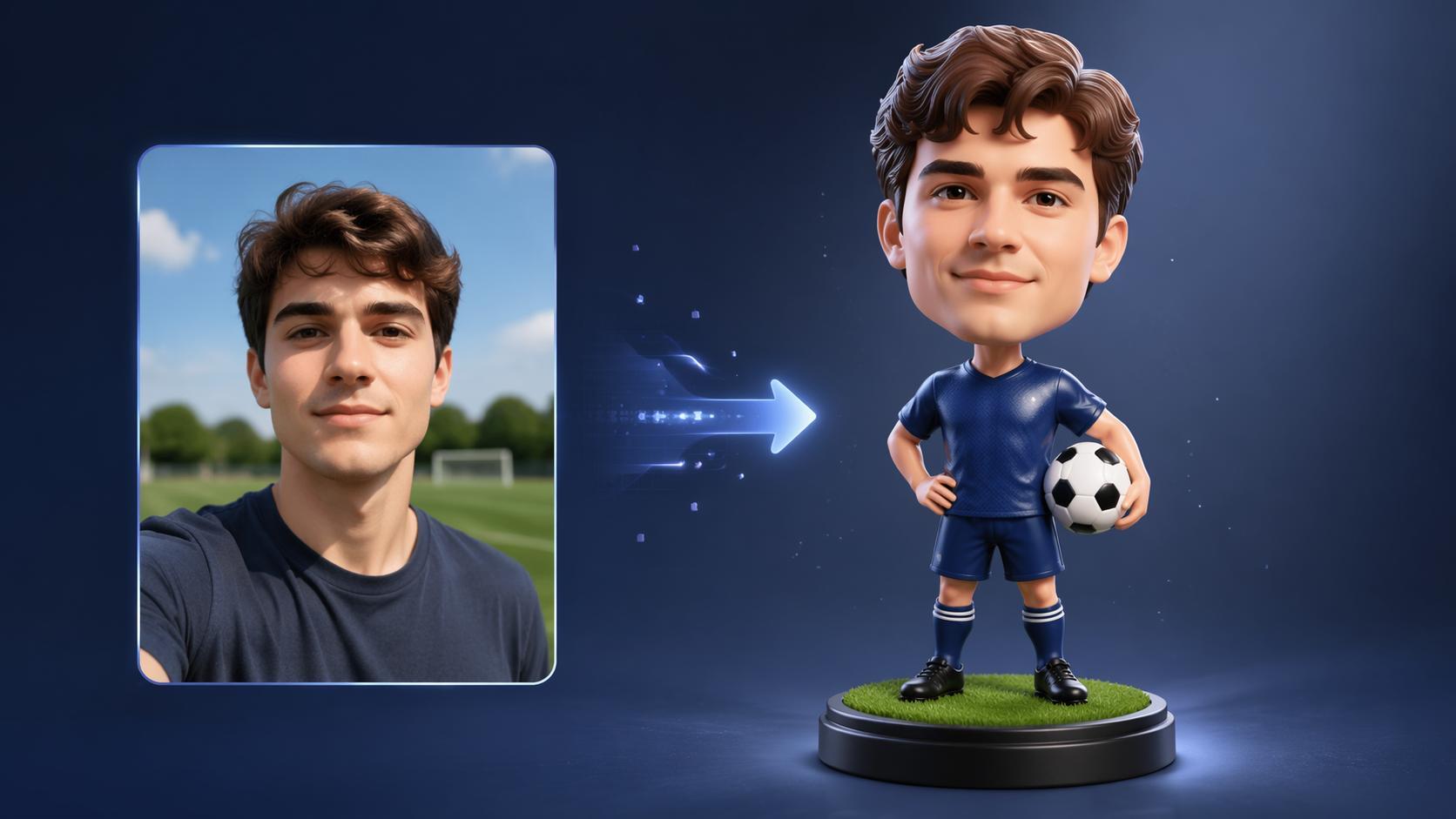 Photo-to-bobblehead transformation visual for Dreamina