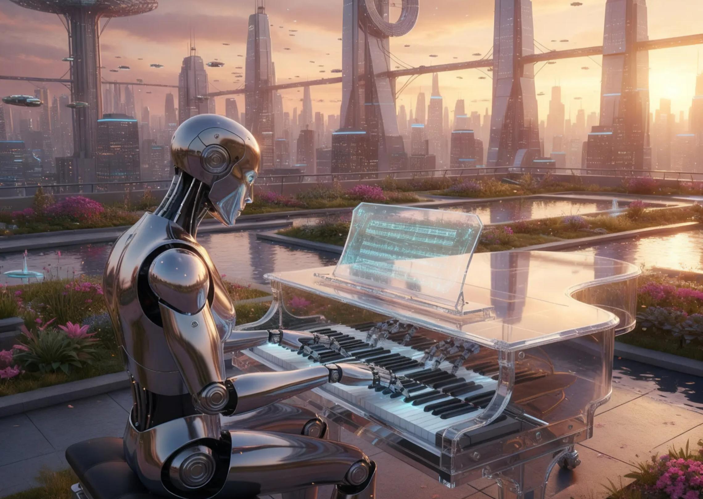 Un robot umanoide futuristico che suona il pianoforte