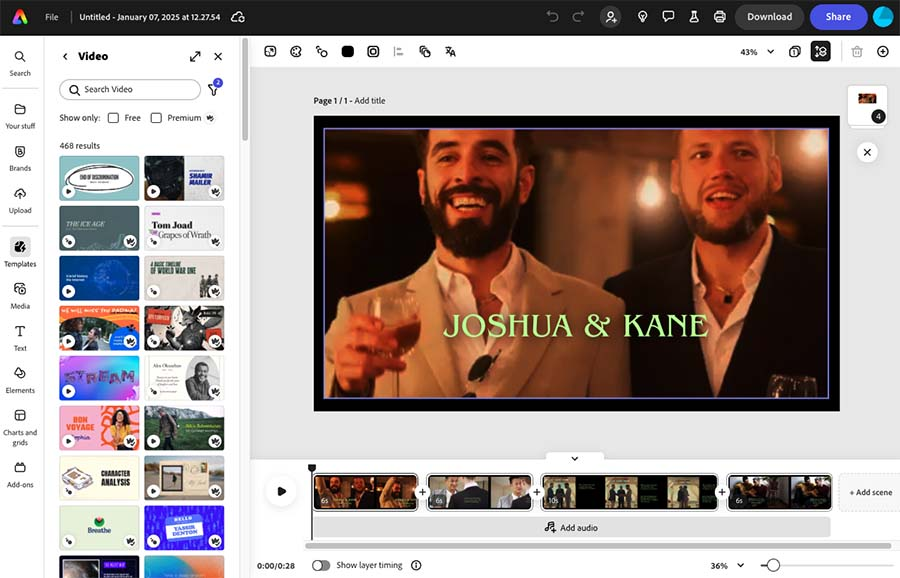 Interfejs edytora wideo Adobe Express