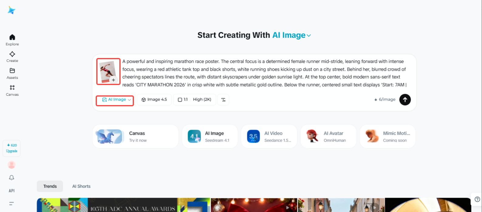 Zugriff auf die Funktion "AI Image" in Dreamina