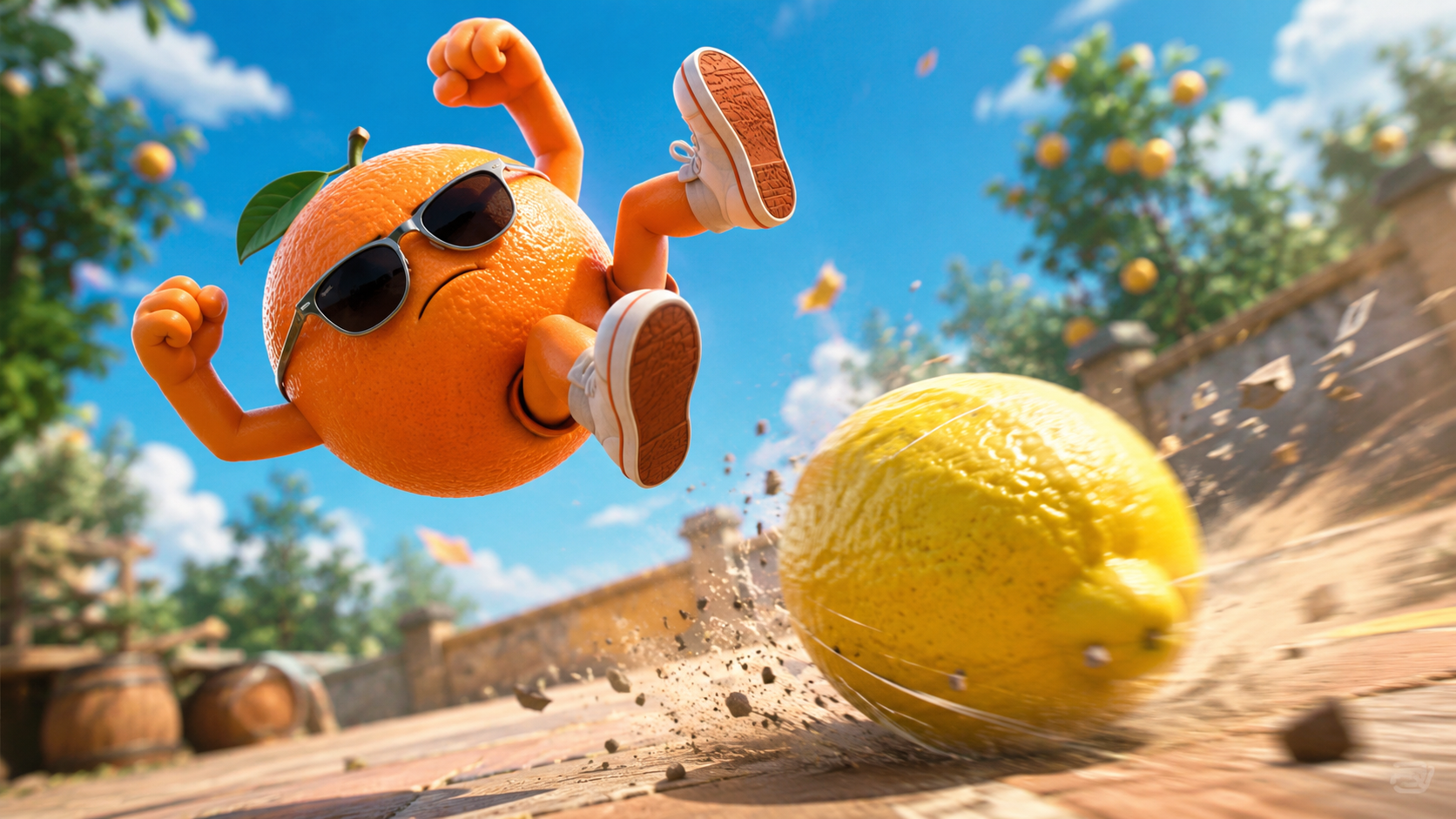  Oranje personage dat een backflip uitvoert