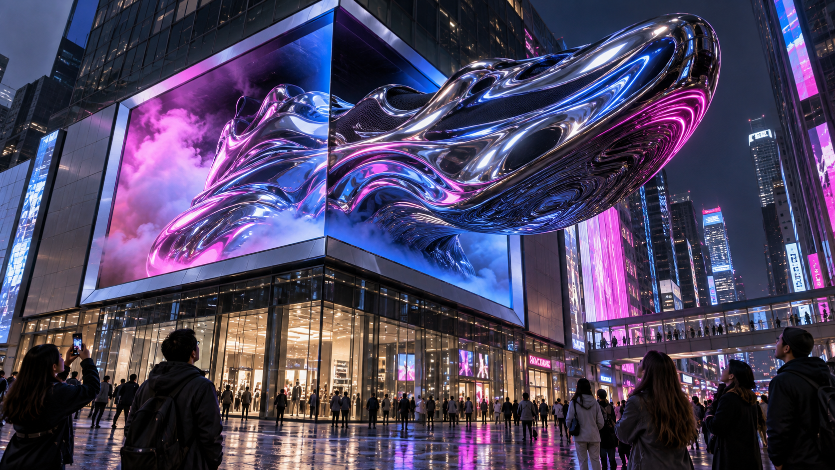 AI 3D billboard: Chrome Sculpture Breaks the Screen