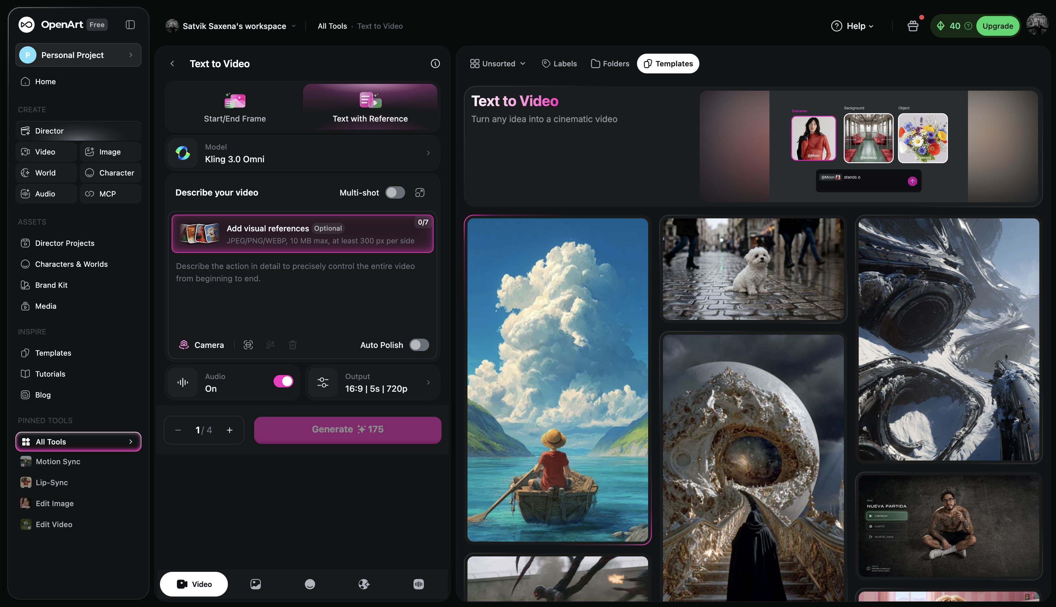 OpenArt AI text to video workspace