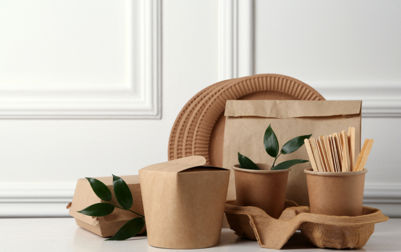 Egy asztalon elhelyezett környezetbarát csomagolás, ideális fenntartható dropshipping niche-ek célpiaci betekintésének célzásához.
