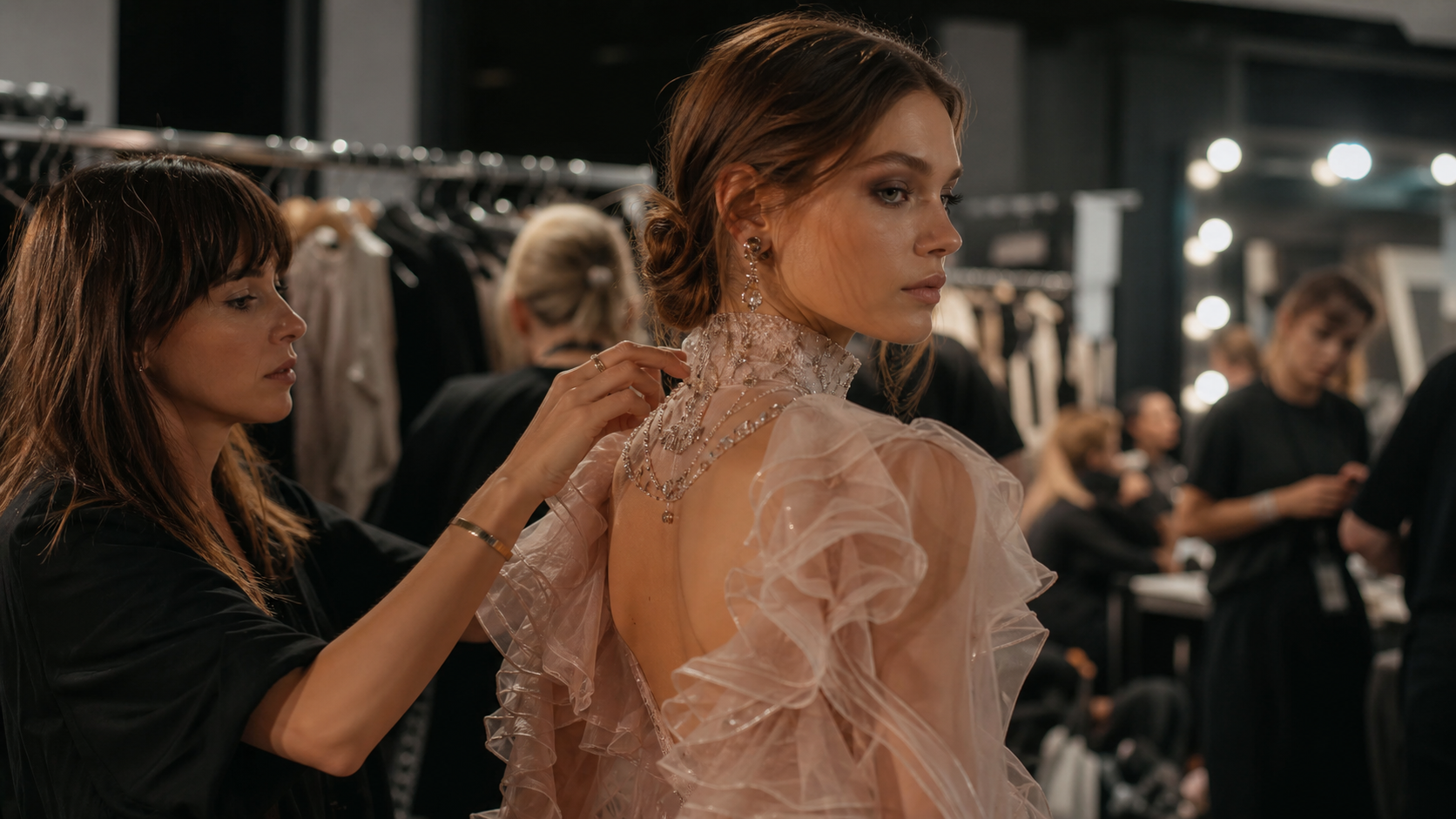 Fashion Week Backstage AI Video prompt example 1 - Fashion Week Backstage studio scene