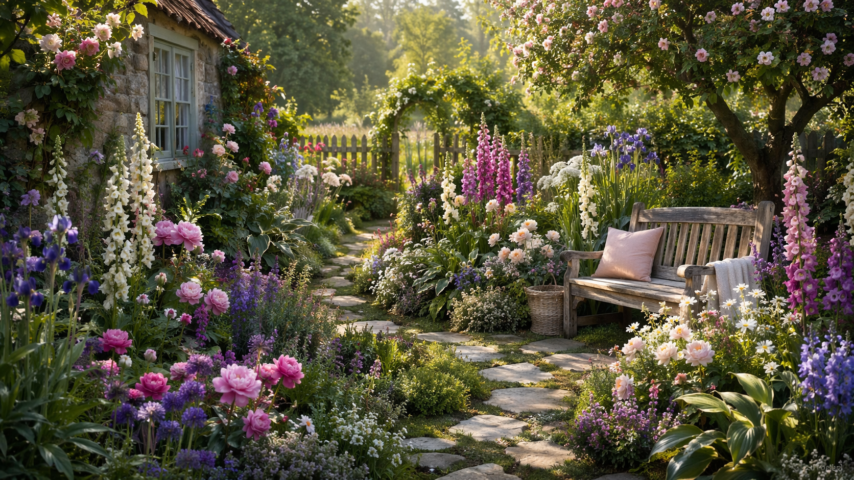 Dreamina gardening ideas prompt example 3: Cottage Flower Border