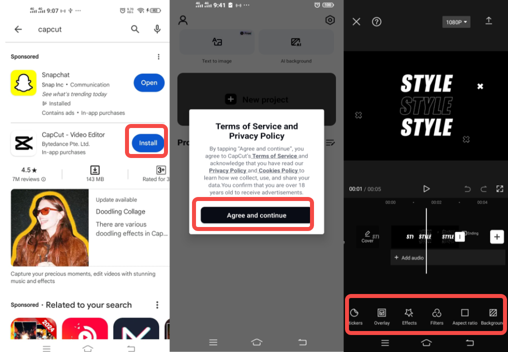 Three Android screens showing Play Store installation, consent, and a CapCut editing timeline