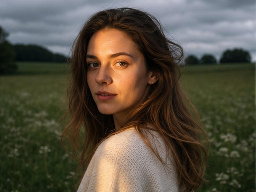 Înnorat și lumina soarelui Photo Prompt exemplu 1 - Portret de apus de soare Meadow