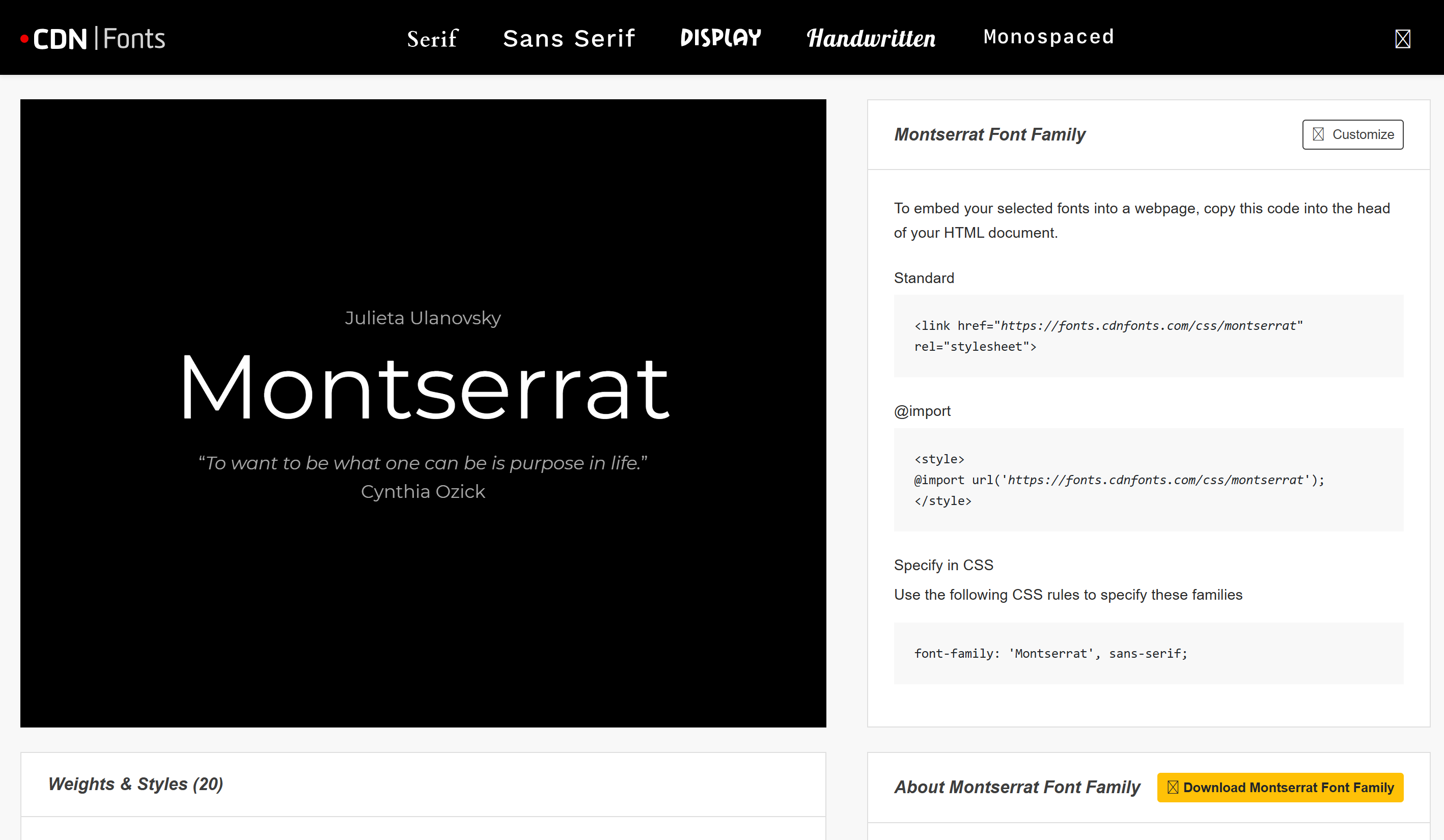 อินเทอร์เฟซของ CDN Fonts - แพลตฟอร์มที่เชื่อถือได้เพื่อรับแบบอักษรแสงมอนต์เซอร์รัต