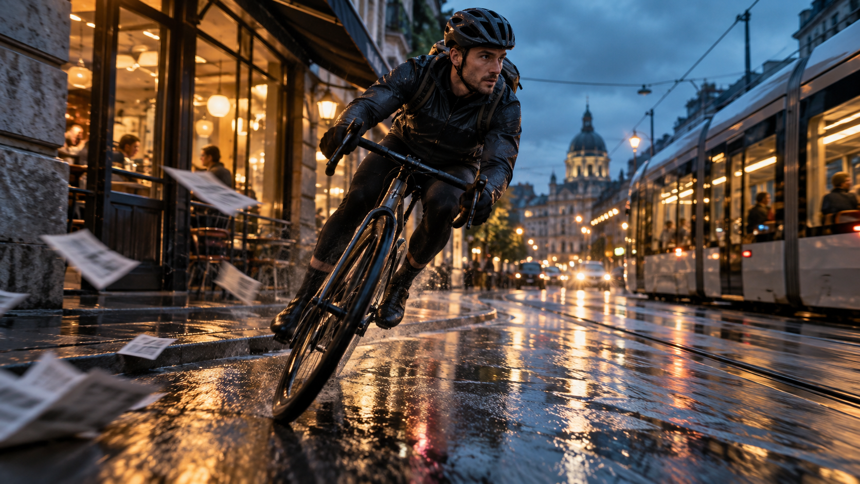 Cinematic cyclist tracking shot in a rain-lit city