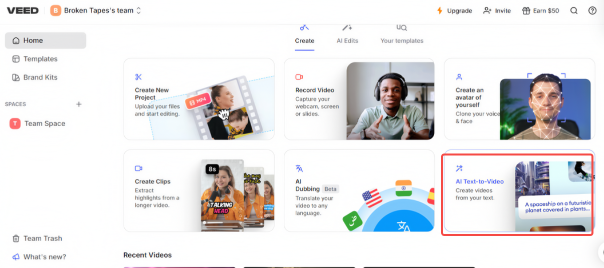 VEED.IO gidin ve AI metin-video özelliğini seçin