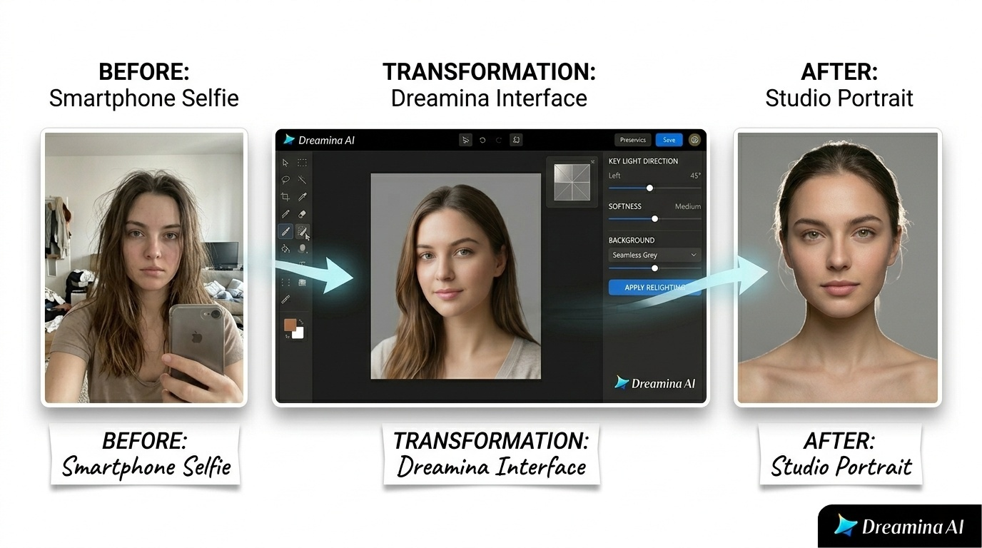 Dreamina AI generando iluminación de retrato de estudio con controló la dirección de la luz clave, las luces de captura naturales y las sombras consistentes para disparos a la cabeza profesionales.