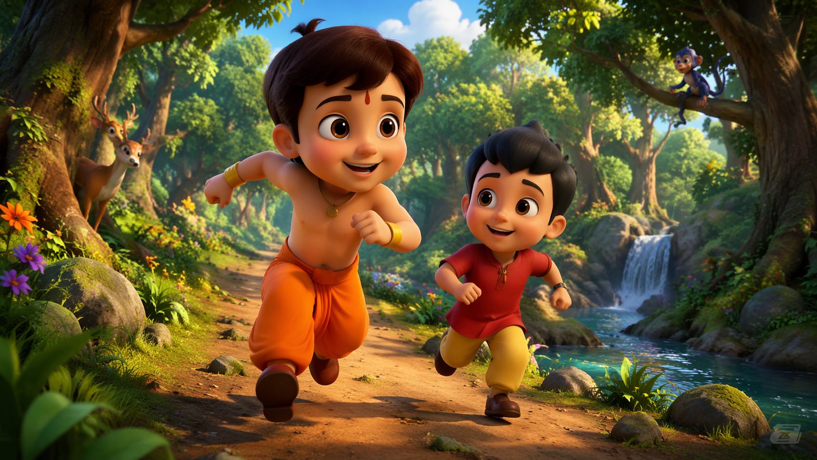 Dreamina Chota Bheem e Raju AI Esempio di prompt video 2: Scena di due amici dei cartoni animati