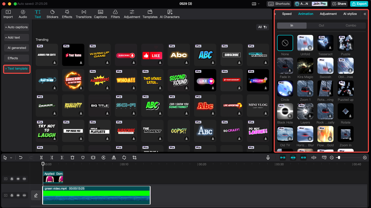 Cara menambah templat teks dan animasi pada penyunting video desktop CapCut