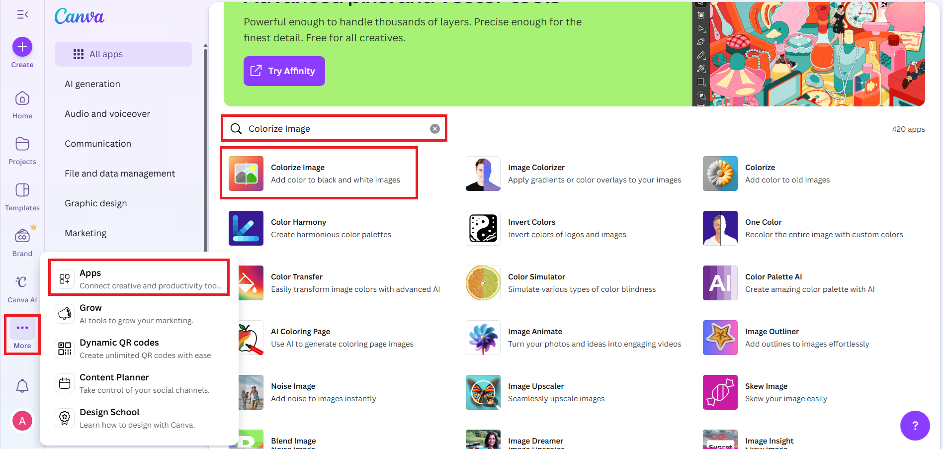 Open Canva and launch the Colourize Image app