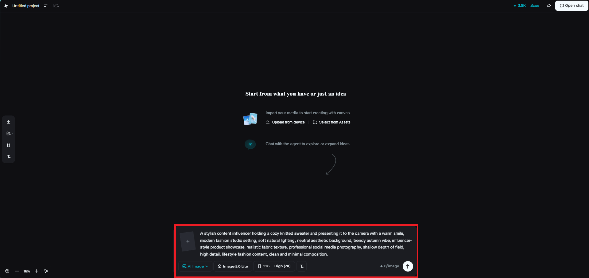 Write a prompt and choose settings from the bottom panel