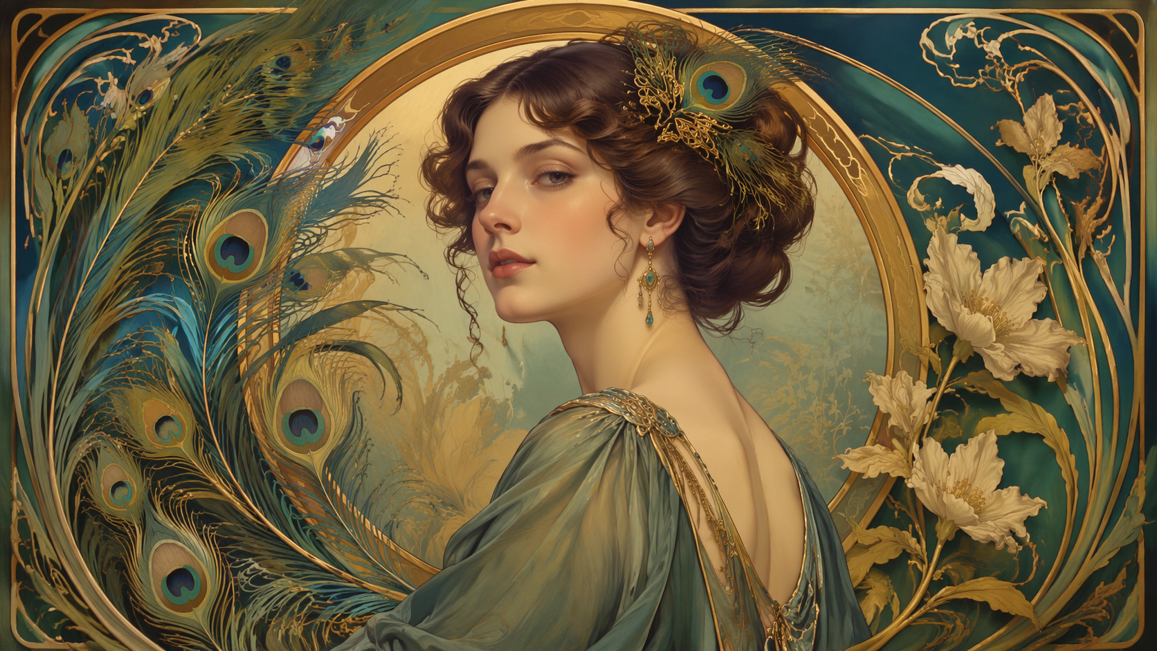 Dreamina art nouveau portrait prompt example 3: Botanical Hair Detail