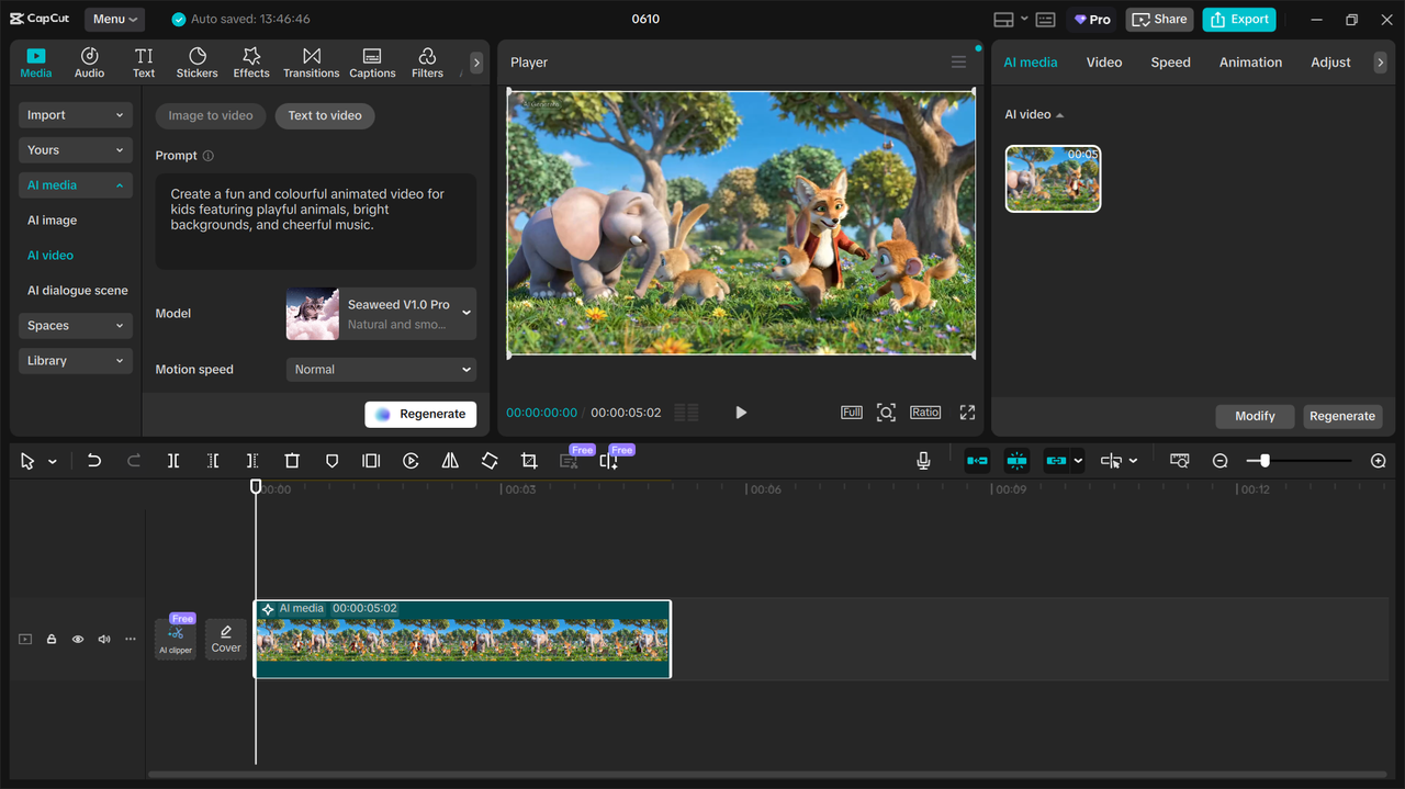 Interface of CapCut's AI video maker