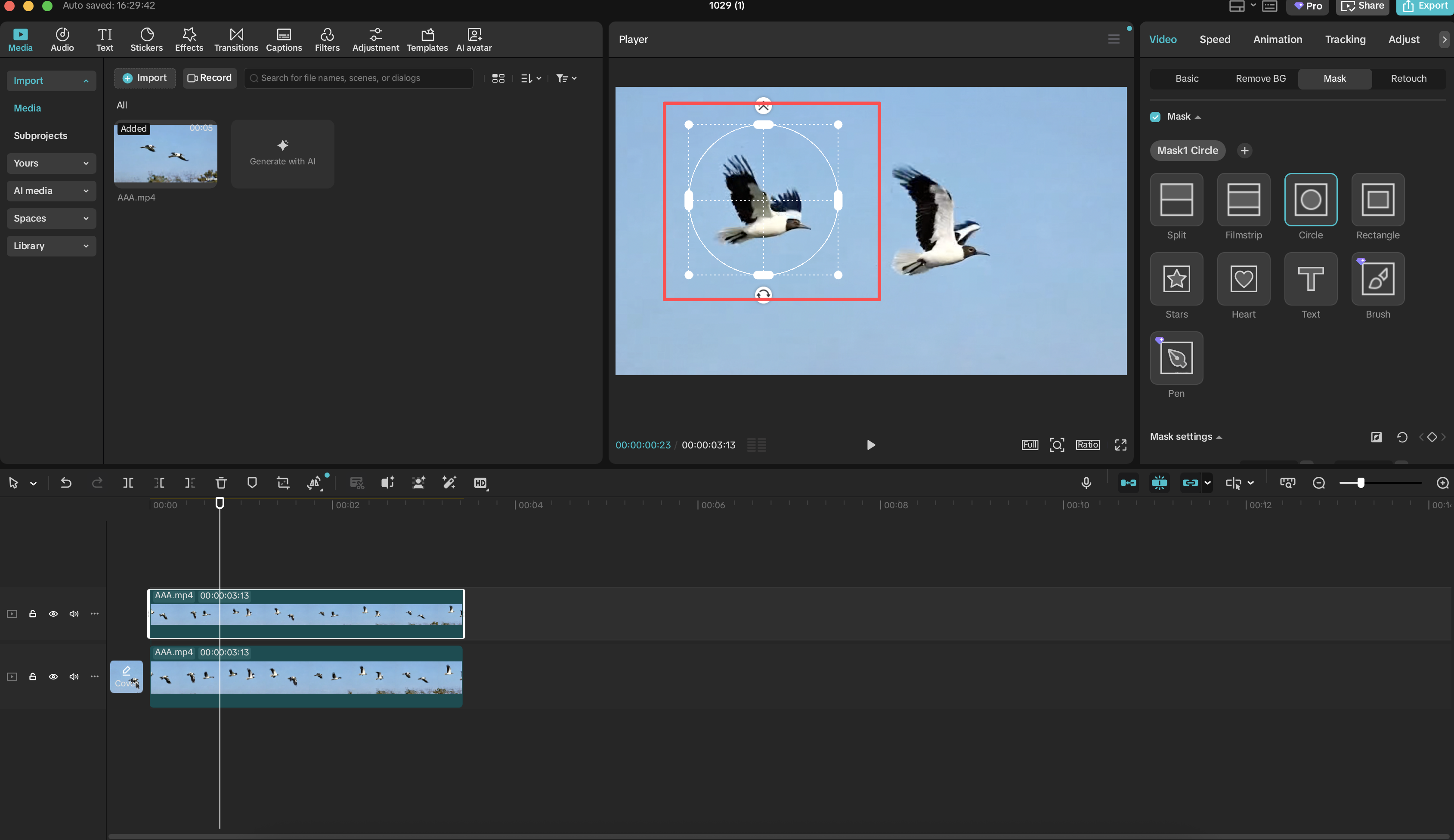 Circular mask resized and repositioned to cover one bird within the layered video project