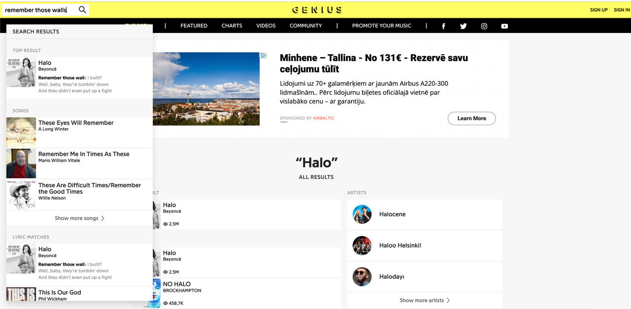 Részleges dalszöveg-keresési eredmények a Genius használatával.