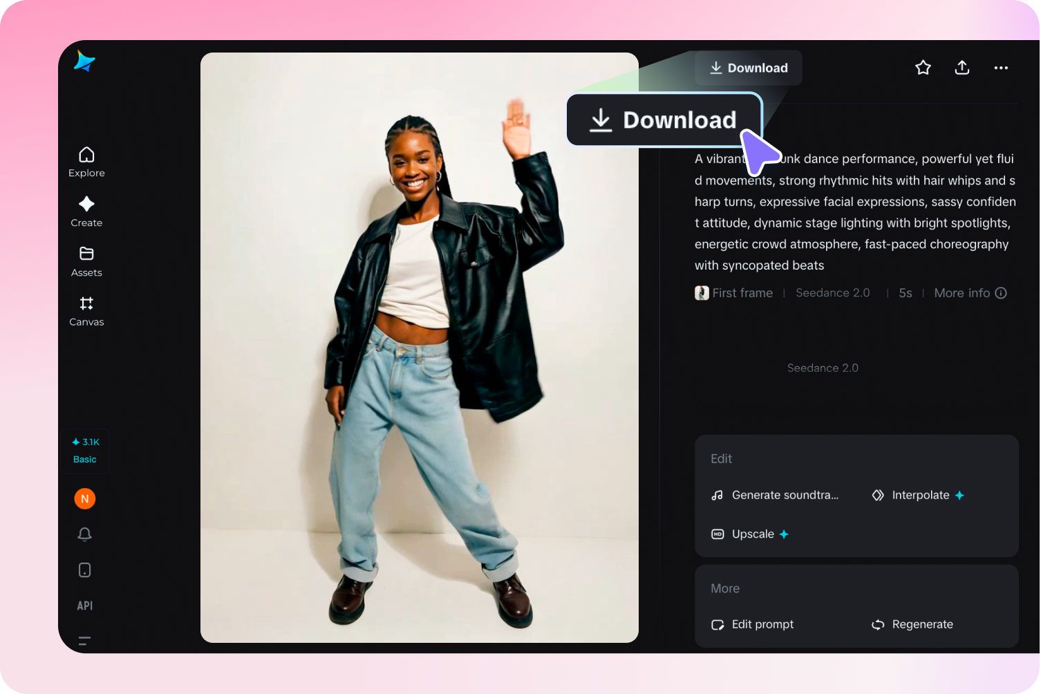 Preview and export the photo to a video dance AI result in Dreamina
