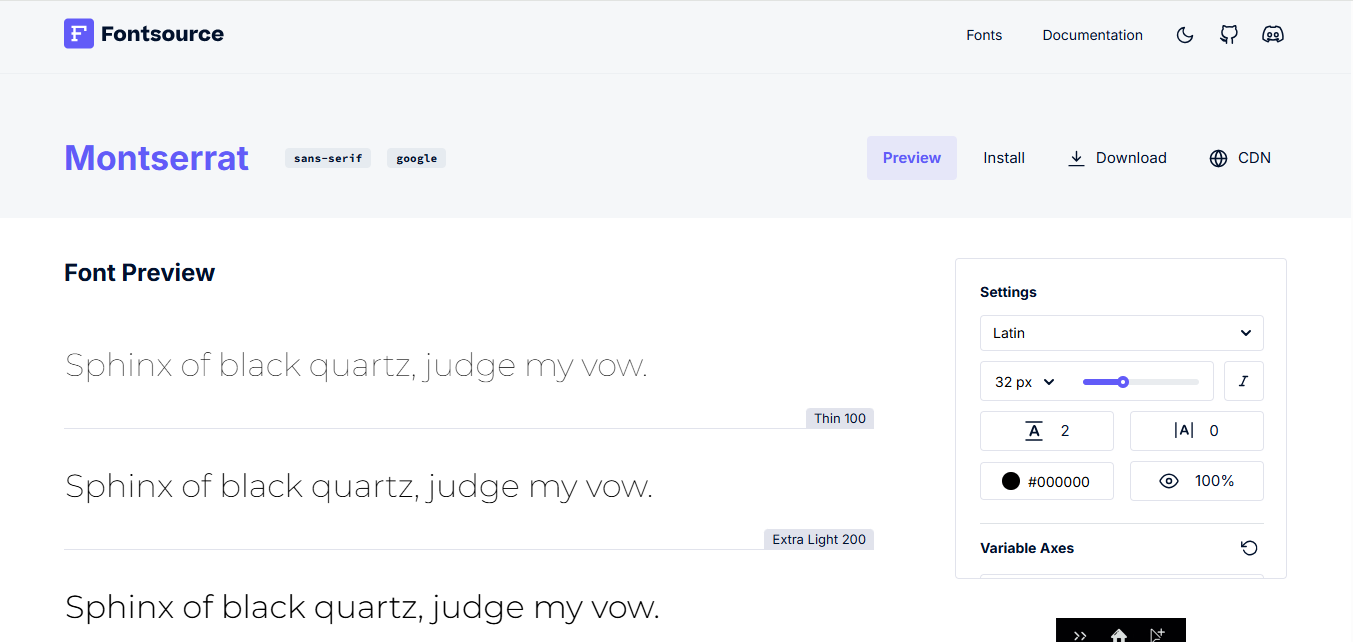 อินเทอร์เฟซของ Font- แพลตฟอร์มที่ใช้งานง่ายในการดาวน์โหลดแบบอักษรมอนต์เซอร์รัต