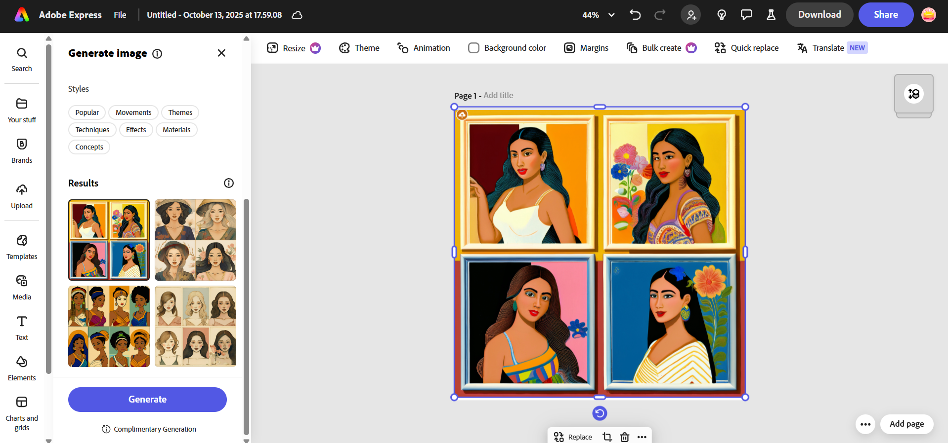 Funzionalità per la creazione di arte sequenziale in Adobe Express