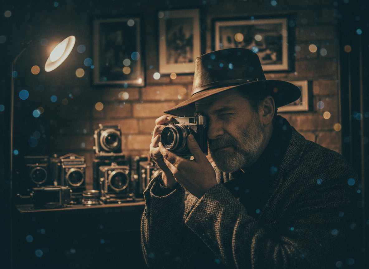 Portret cinematografic Moody cu adâncime de câmp redusă, bokeh moale și cartografiere a tonurilor filmice.