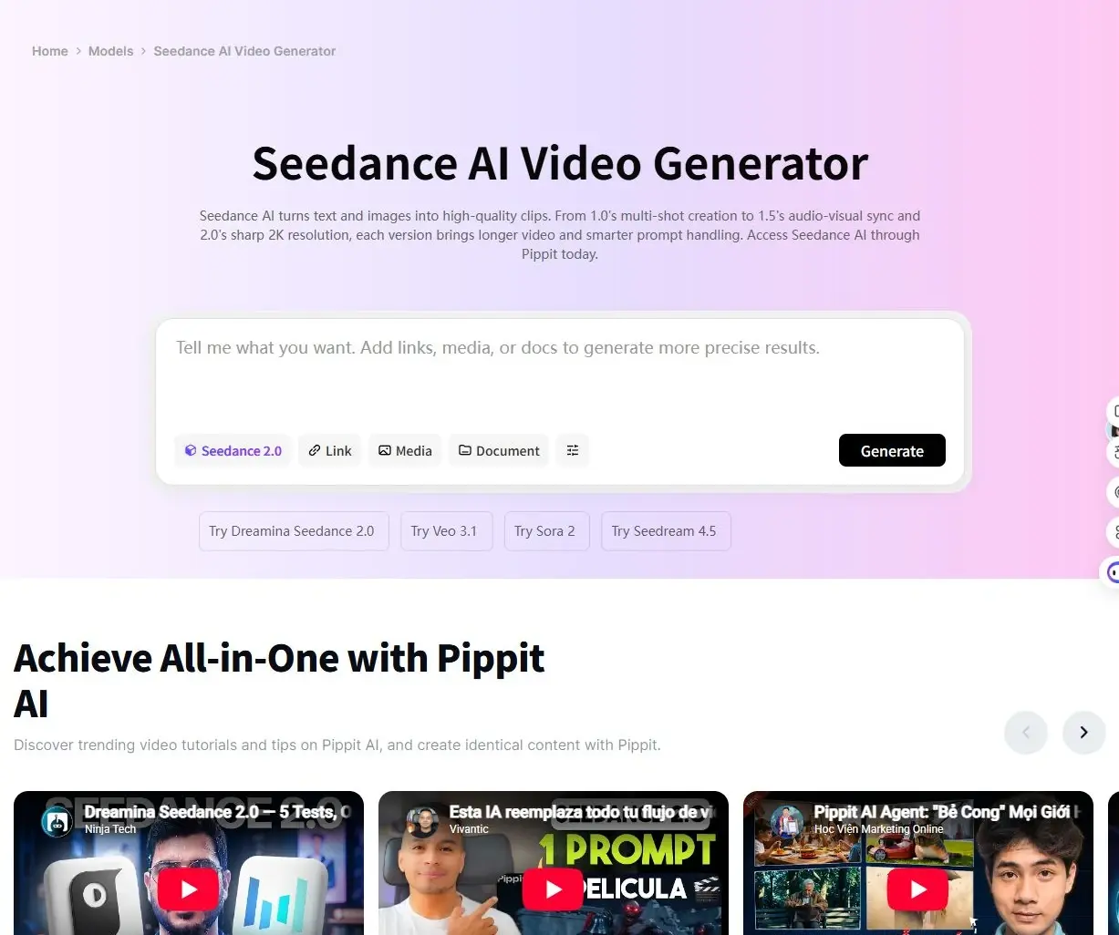 Seedance MI Videó Generátor oldal nagy beviteli mezővel és Generálás gombbal