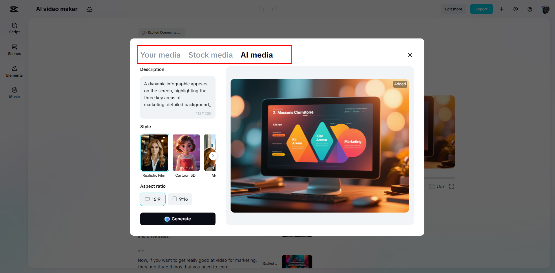 Zastępowanie mediów AI w wideo za pomocą CapCut Web