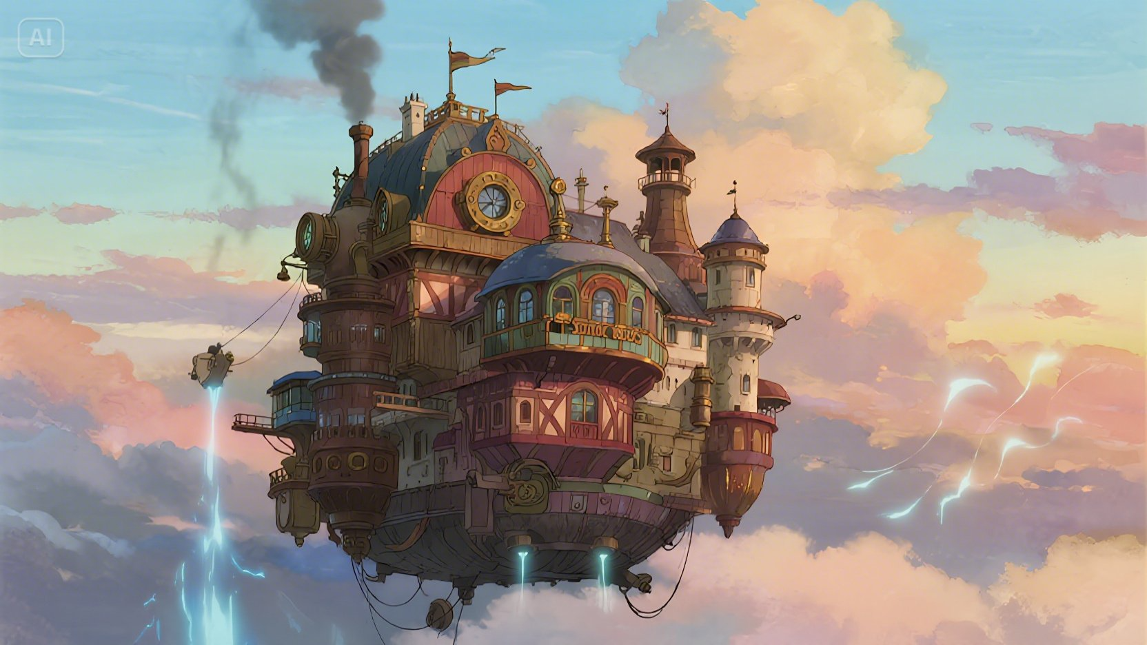 Vliegend kasteelavontuur: Studio Ghibli kunststijl AI