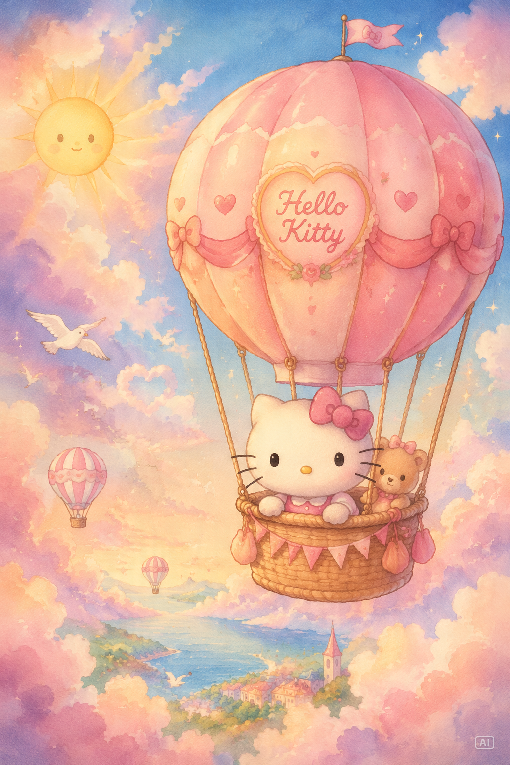 Hello Kitty hot air balloon vertical wallpaper generated by Pippit