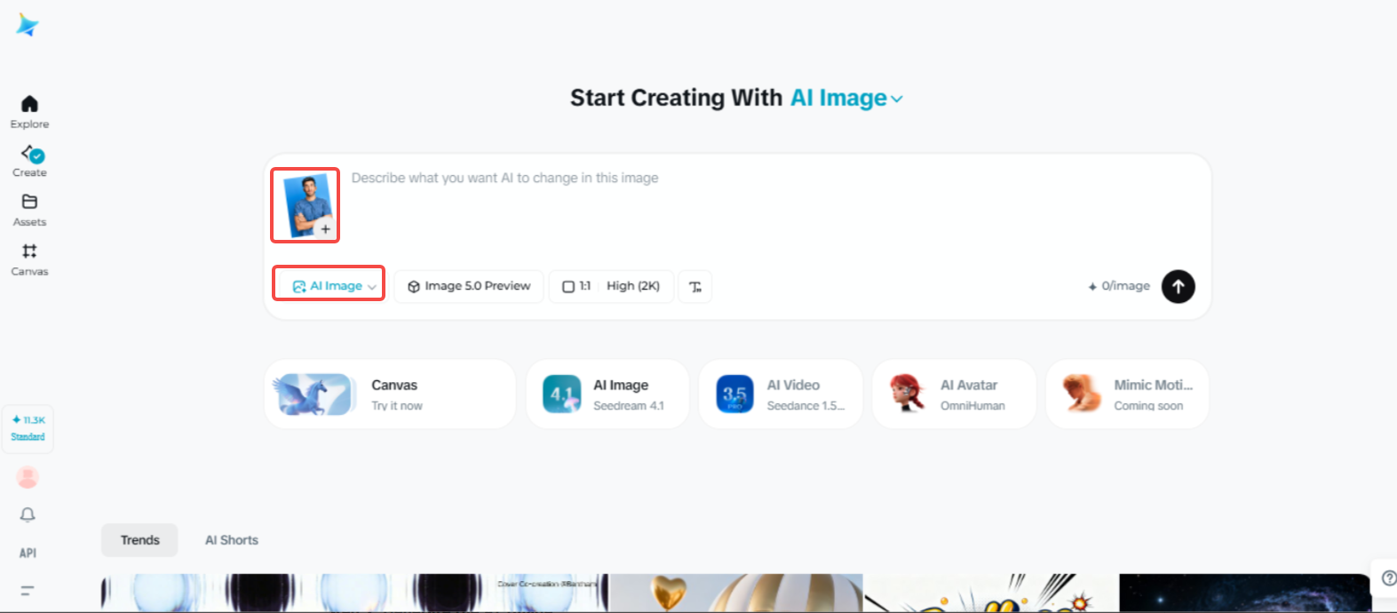 Accessing the "AI Image" feature in Dreamina
