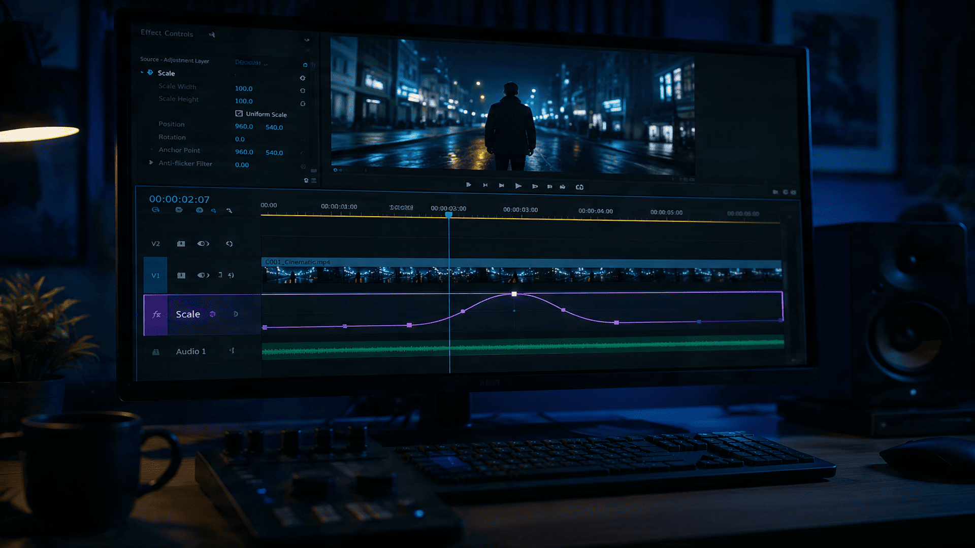 Video timeline with a scale keyframe