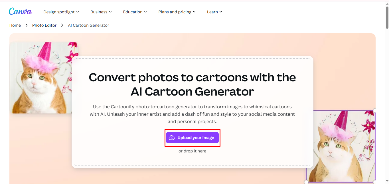 Pag-upload ng larawan sa 3D cartoon photo editor tool ng Canva.