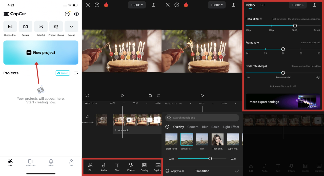 CapCut Interfaccia di editing video con esempio di video di compleanno