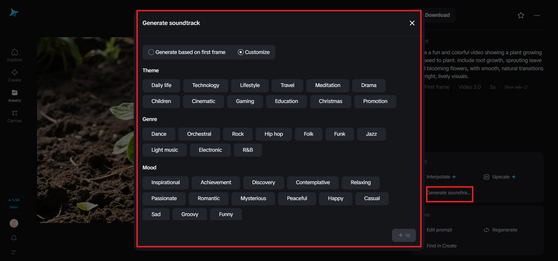 Soundtrack-Generierungsfunktion in Dreamina