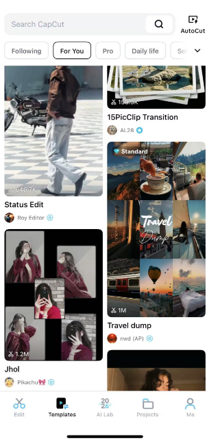 Zoek sjablonen in CapCut mobiel
