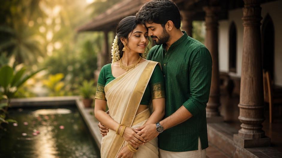 Golden-hour beach portrait of a fictional adult Prompt Seen Kerala Style Couple AI Photo Prompts