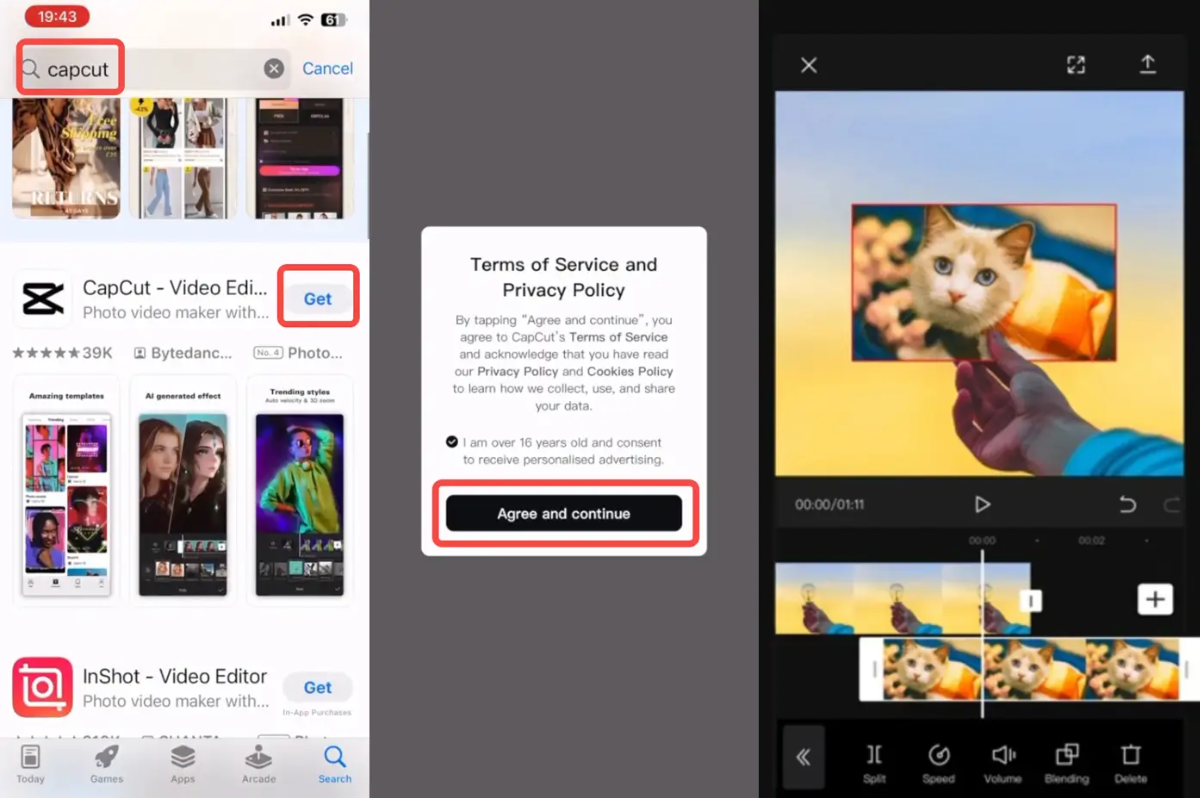 Three iPhone screens showing App Store installation, consent, and a CapCut cat video project