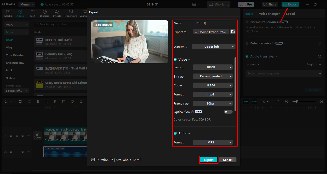 Exportation de la vidéo depuis l' CapCut éditeur vidéo de bureau