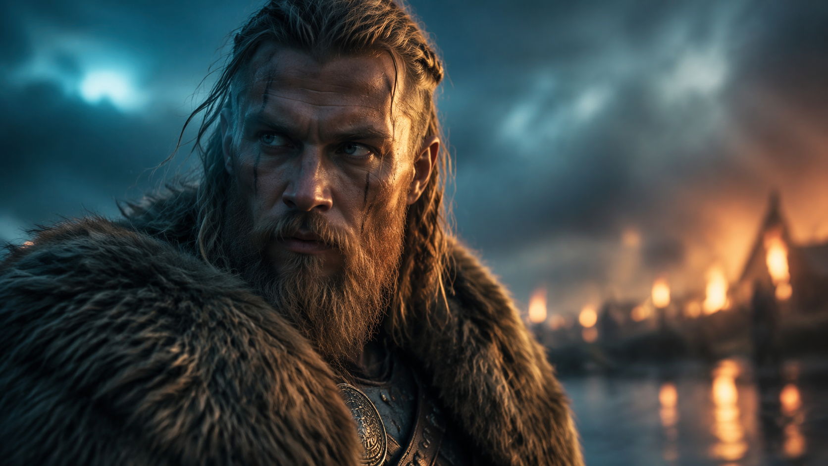 Dreamina AI Viking portrait generator video prompt example 5: Fur Cloak Hero Shot
