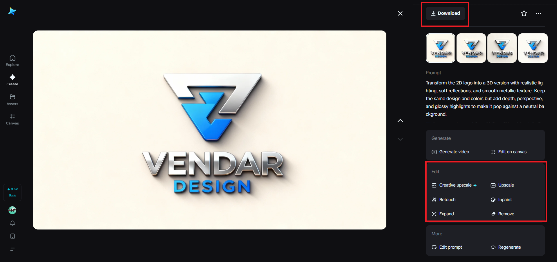 ตรวจสอบ แก้ไข และดาวน์โหลดโลโก้ 3D ของคุณ