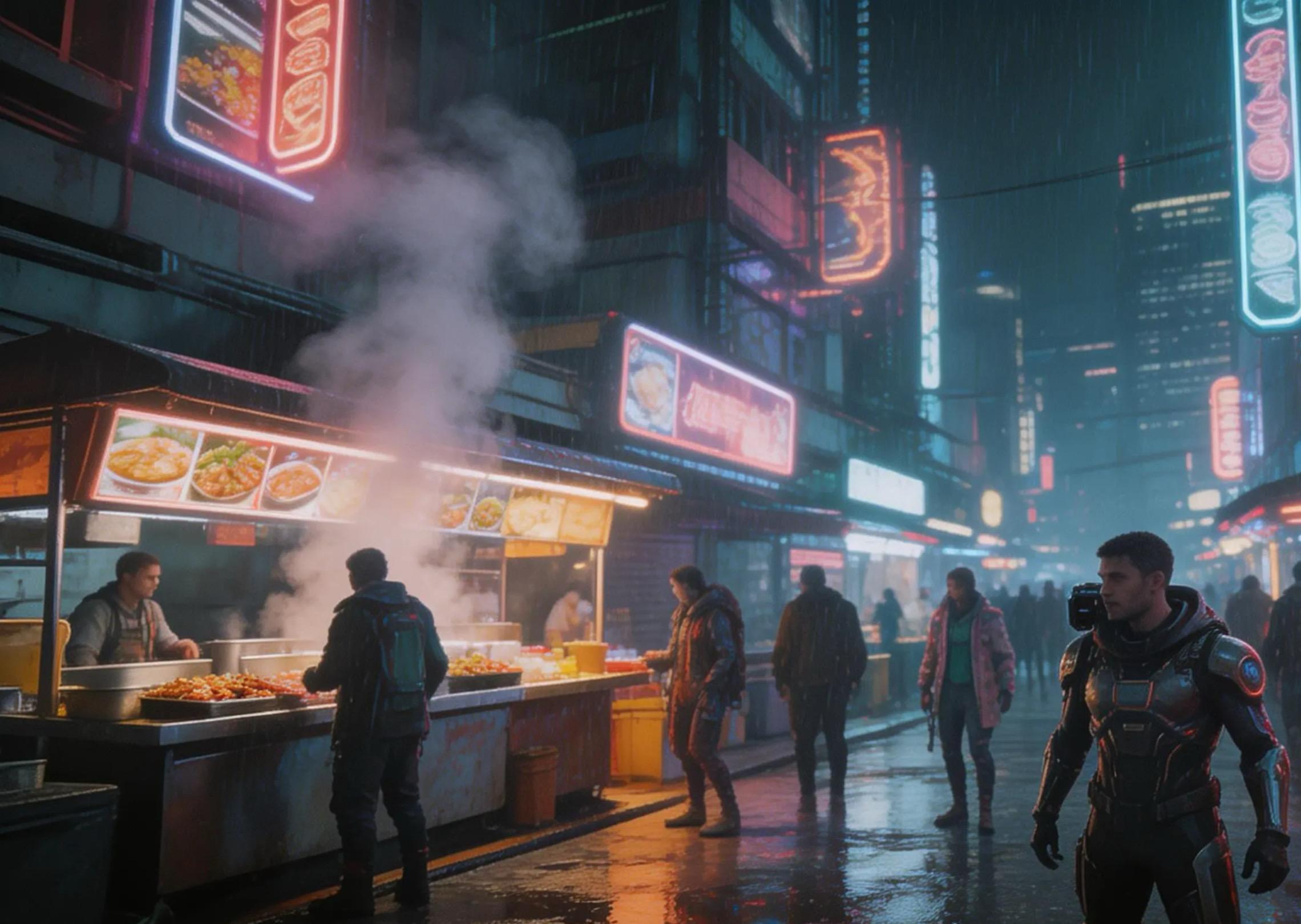 Pasar jalanan cyberpunk pada waktu malam
