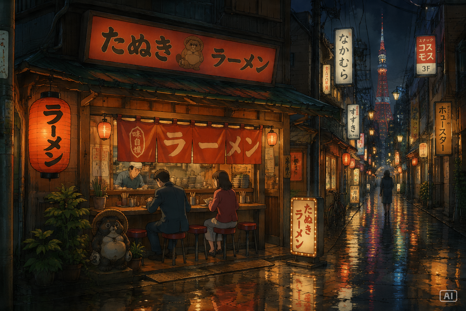 Rainy watercolor pastoral anime ramen stall wallpaper generated by Pippit