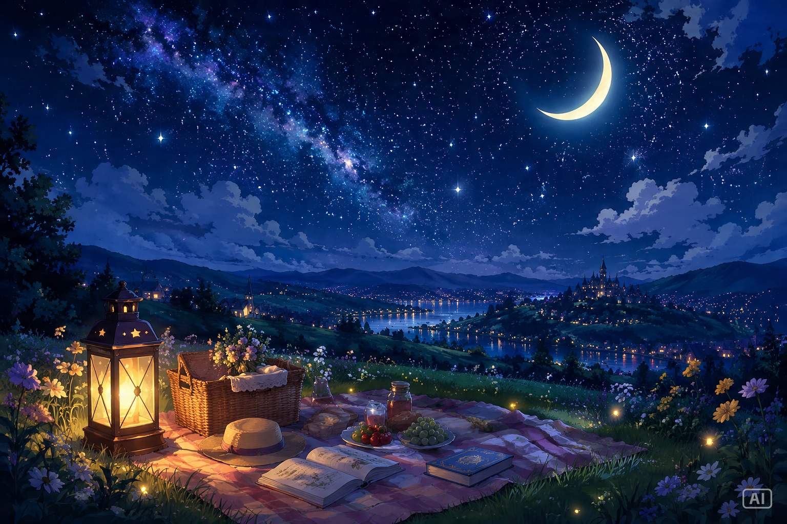 Starlit anime meadow illustration generated by Pippit