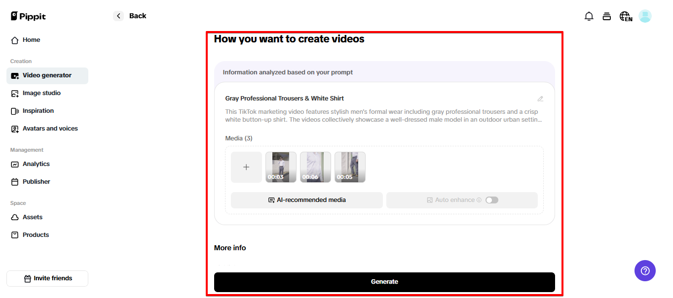 Generar videos con Pippit