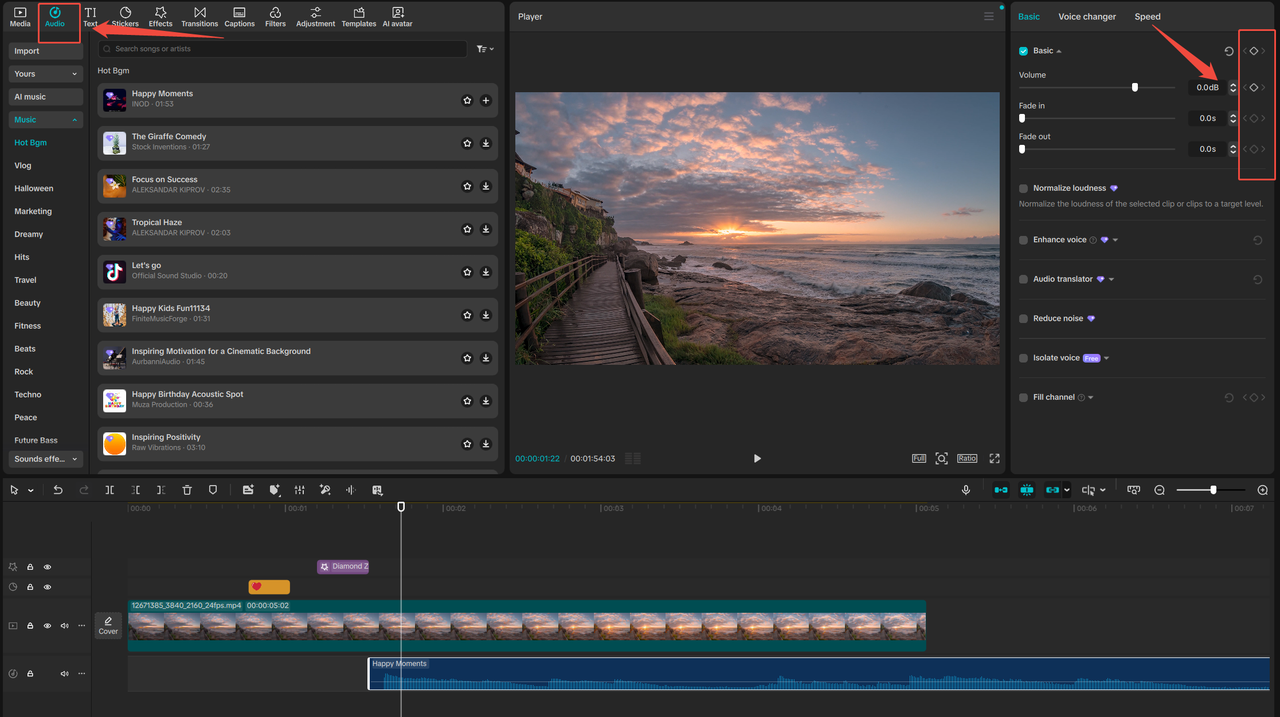 Keyframes audio în CapCut PC