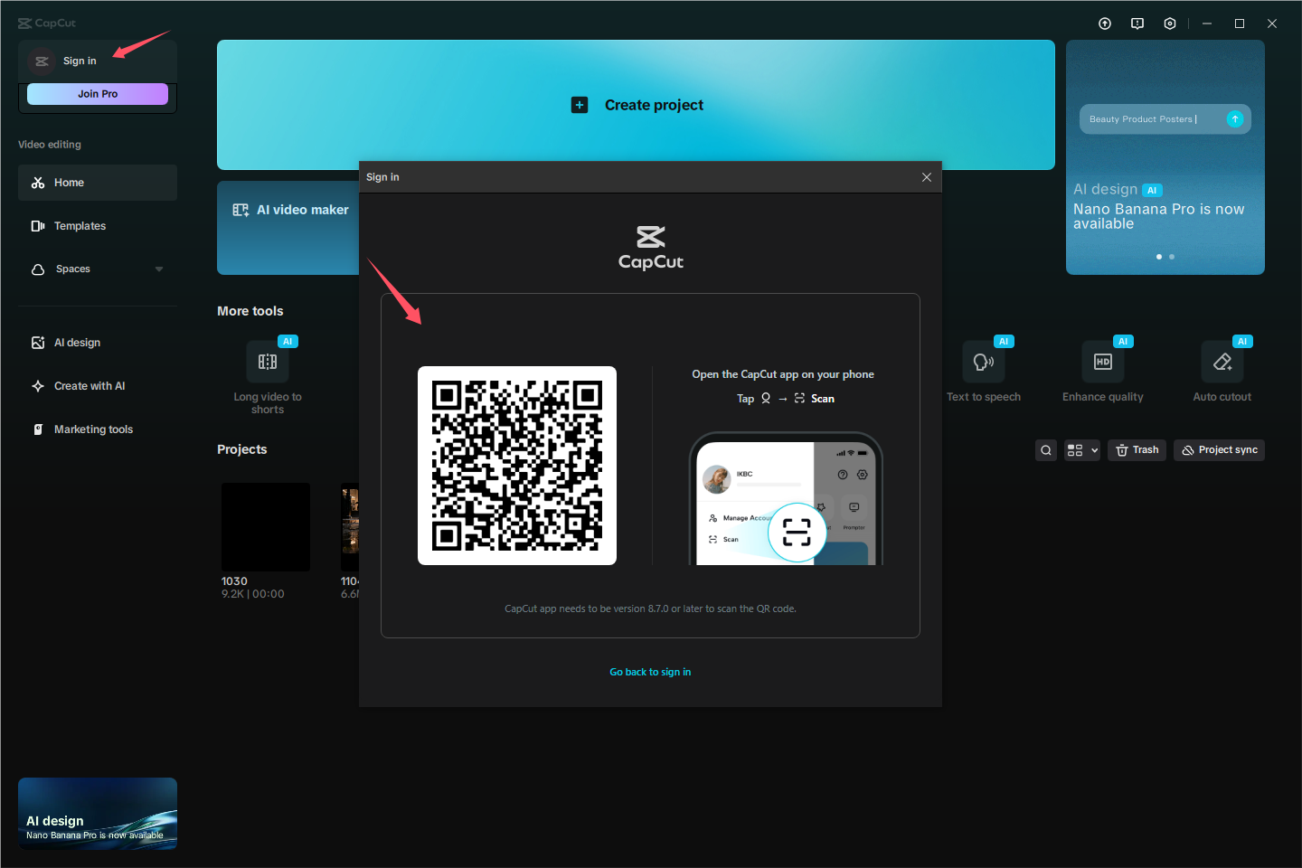 Logowanie za pomocą kodu QR na pulpicie CapCut
